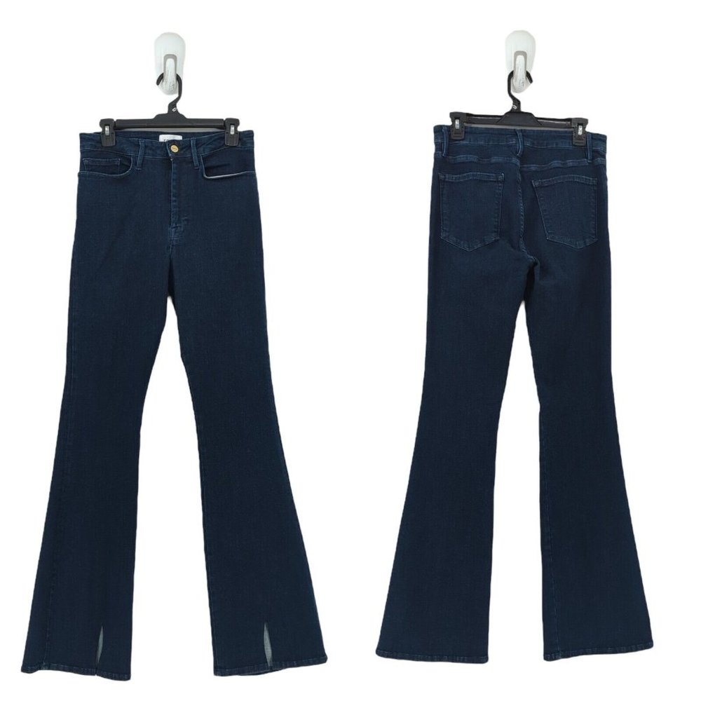 FRAME Women 2 Le One Flare Jeans Keller Blue Stretch Denim Mid Rise Split NEW